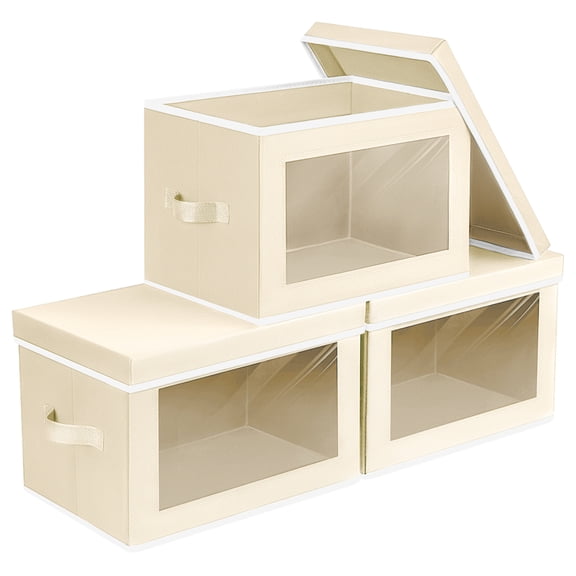 DIMJ Fabric Closet Organizers, Closet Storage Cubes, Christmas Ornament Storage Box, Stackable Storage Bins with Lids and Window for Holiday Blankets and Clothes,Towel Organizer 3-Pack,Beige