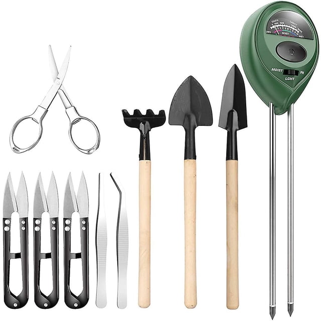Herramientas para bonsái de 9 piezas con medidor de humedad del suelo, sensor de humedad/luz solar/ph 3 en 1, incluye podadora, tijeras plegables, mini rastrillo, juego de recortadora de bro