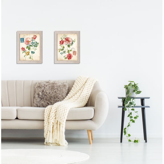 Gango Home Decor Vintage Elegant Floral Wall Art; Two Multi-Color 11x14in Art Prints in Distressed White Frames