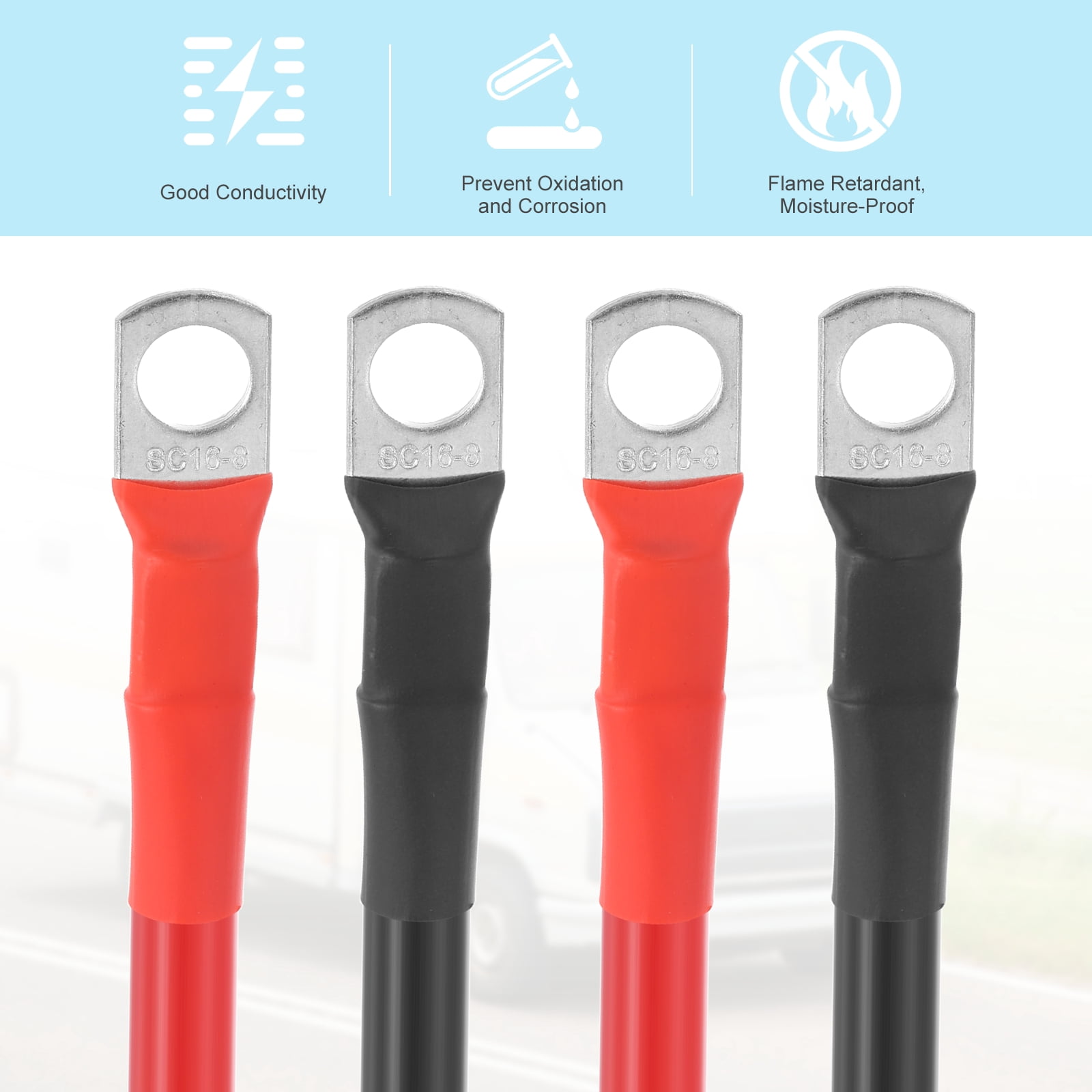 Uxcell 2 PCS 6 AWG Gauge Battery Cable Wire 3FT Length 5/16" Diameter Positive and Negative Copper Alternator Connector Extender with SC Terminals for Car RV Golf Cart Marine, Red Black