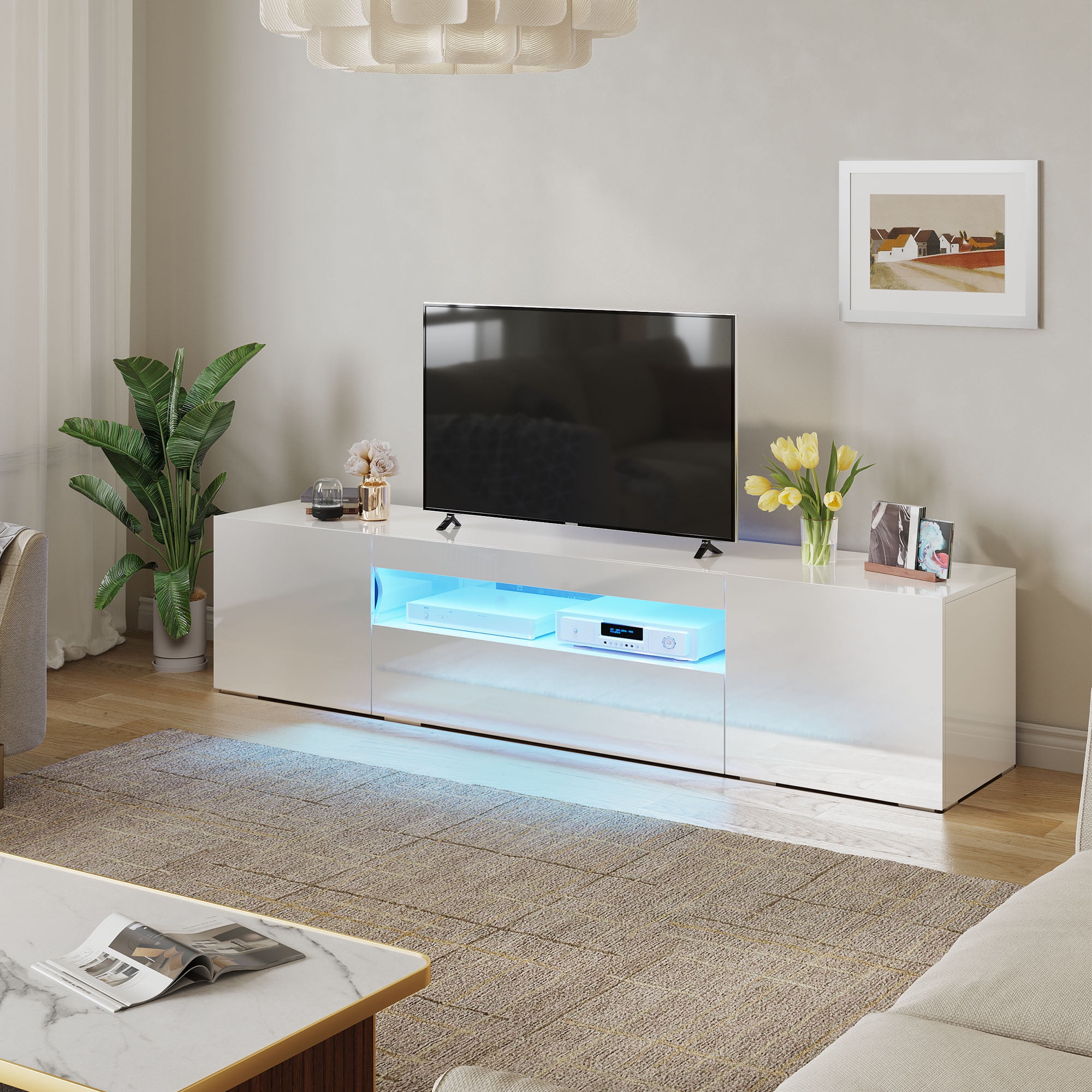 Dextrus Large LED TV stand for 75 inch TVs White High Glossy Media Center with 2 Cabinets and 1 Drawer for Living Room, 70"