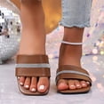 thumbnail image 4 of KIJBLAE Women's Rhinestone Trim Single Band Flat Sandals, Solid Color Open Toe Fashion Comfort Casual Summer Beach Outdoor Slippers Brown 36, 4 of 8