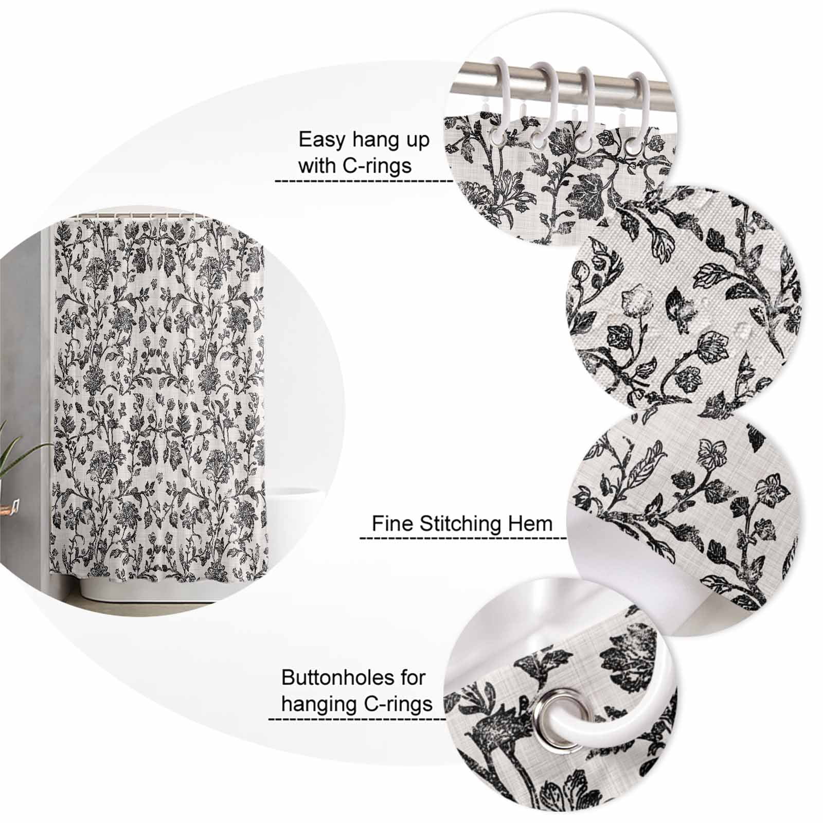 Small Stall Shower Curtain 36x78 Inch Narrow Half Size Farmhouse Black Bath Curtains Bathroom Decor Vintage Flower Leaf Botanical Plant Waterproof Fabric Shower Curtain Set with Hooks 36 Inch