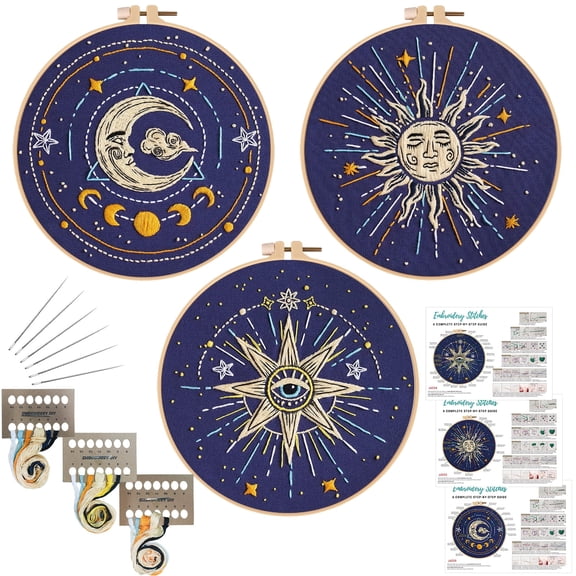 VOCHIC 3 Set Tarot Embroidery Kits for Beginners,Cross Stitch Kit for Adults,Starters DIY Needlepoint Kits including embroidery cloth with Sun Moon Star Evil Eye pattern and instructions