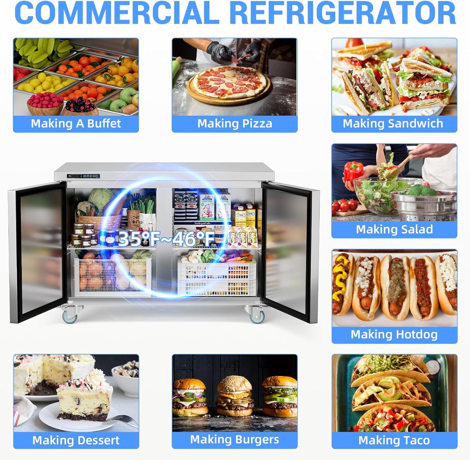 IdealHouse 48" Commercial Prep Table Refrigerator, Stainless Steel Dual Door Cooling Table, Sandwich Salad Prep for Food Service & Restaurant