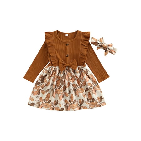 

Peyakidsaa Toddler Baby Girl Autumn Dress with Bow Headband Long Sleeve Round Neck Ruffled Leaf Print A-Line Dress