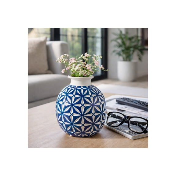 Decorative Daisy Ceramic Vase for Living Room Decor - Coastal Flower Vase for Bedroom, Home, and Office Desk - House Accent Ideal for Dining Room Table or Shelf Display - 6", Blue & White