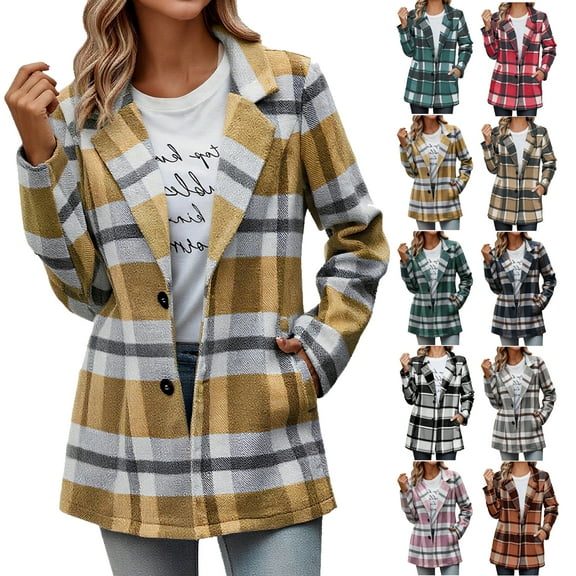 Women Plaid Shacket Jacket Trendy Fall Casual Button Wool Tartan Trench Coat with Pockets Winter Long Sleeve Outerwear Gifts for Women on Clearance S-2XL