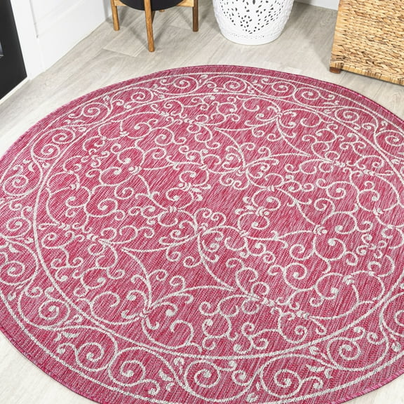 JONATHAN Y SANTA MONICA 5' Round Area Rug, Charleston Vintage Filigree Textured Weave - Fuchsia/Light Gray, SMB106J-5R