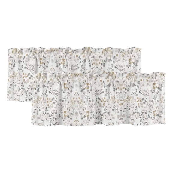 Grey Brown Botanical Valances for Windows, Decorative Rod Pocket Window Valance Curtains, Summer Leaf Watercolor Short Curtain Drapes for Kitchen/Bathroom/Living Room, 2 Panels, 42" W x 12" L