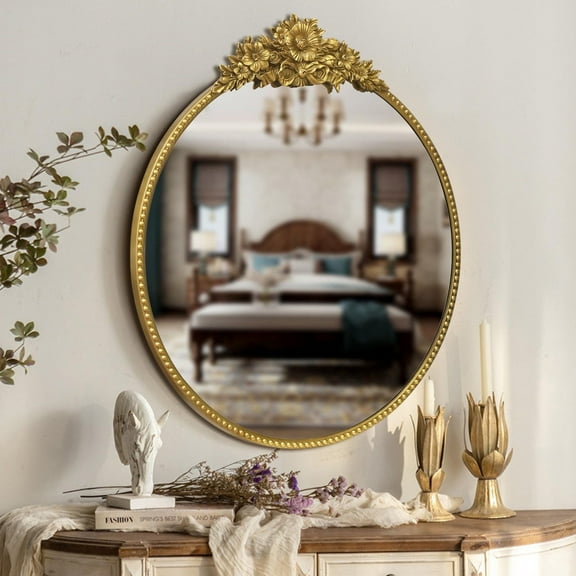 Gold Round Wall Mirror 24 inch Vintage Floral Design Accent Mirror for Living Room Bedroom