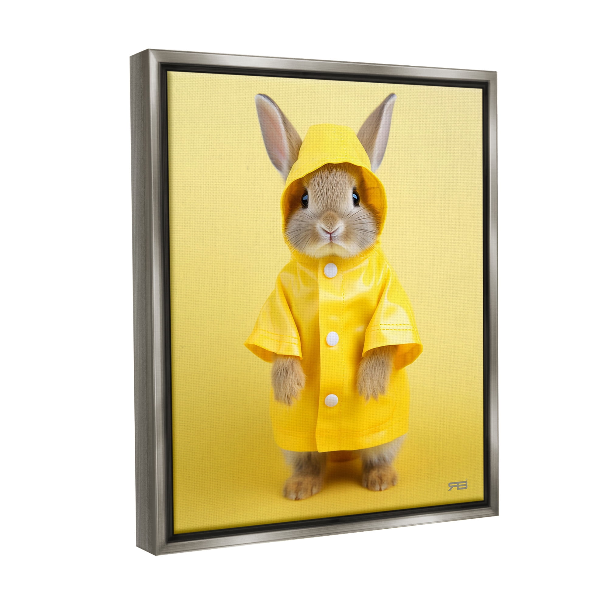 Stupell Industries Rabbit in Rain Coat Animals & Insects Painting Gray Floater Framed Canvas Art Print Wall Art, 17 x 21