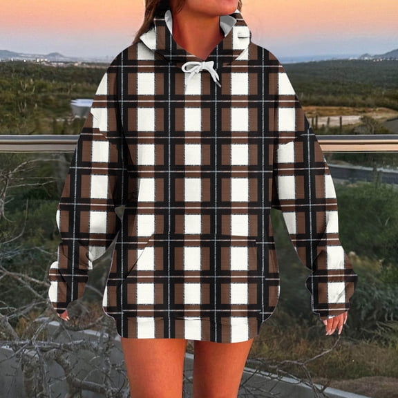 EchfiProm Womens Sweatshirts Comfy Hoodies Pullover Plaid Brown with Pockets Hooded Oversized Tunic Tops for Ladies
