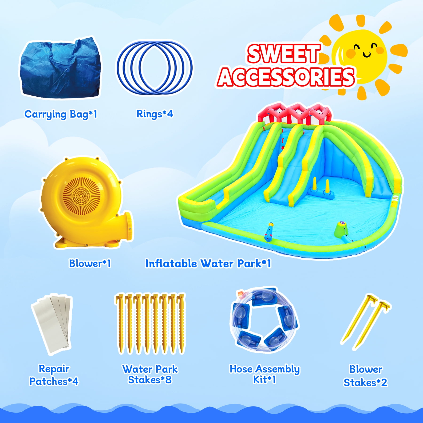 Ambifirner 7 in1 Inflatable Water Park with Blower and Ground Stakes，Three Slide Bouncy Castle for Backyard