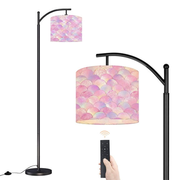 Arc Floor Lamp with Adjustable Lampshade Pastel Pink Purple Scales Iridescent Shimmer Standing Lamp 3 Color Temperatures Dimmable Tall Pole Lamp with Foot Switch for Bedroom