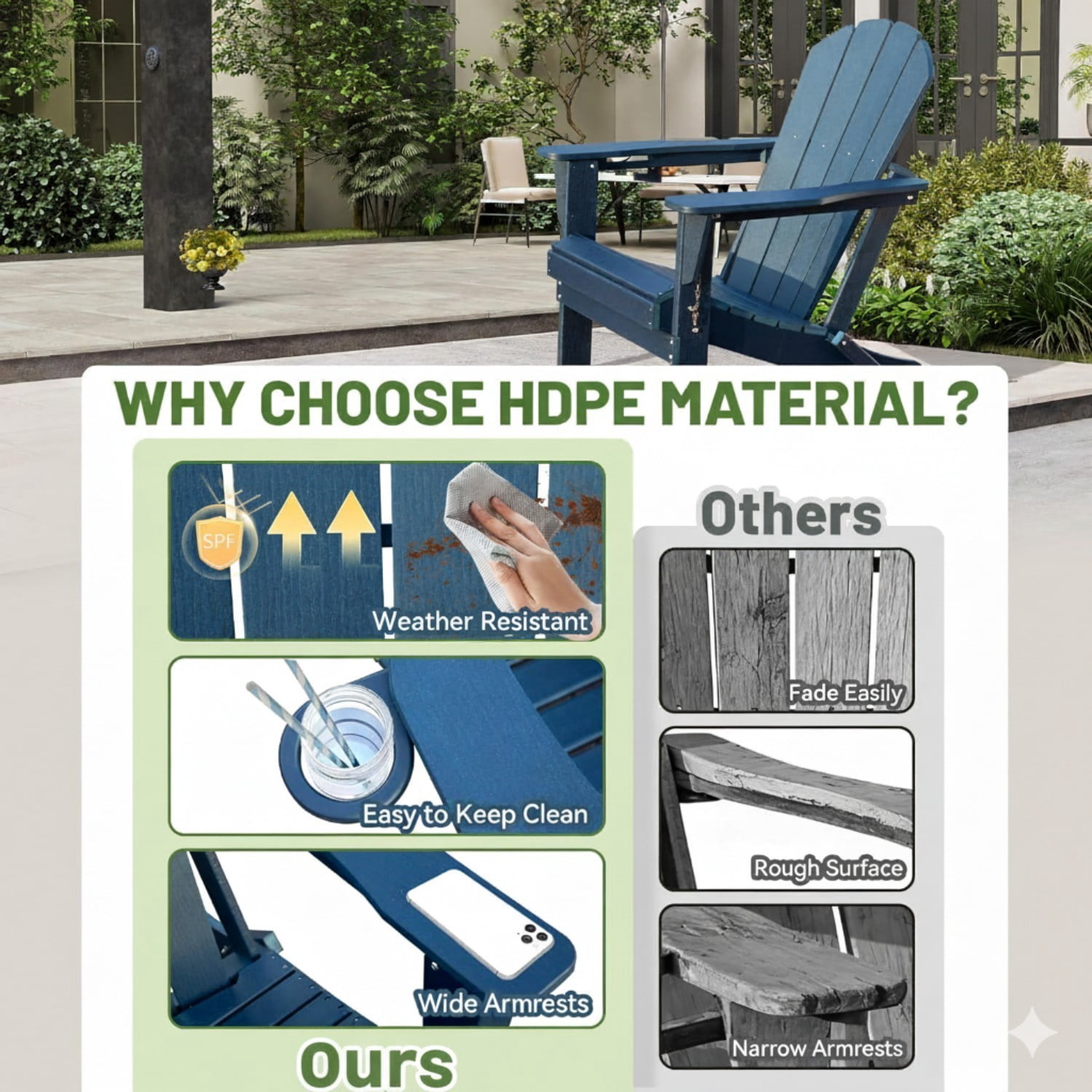 Folding Adirondack Chair, HDPE Outdoor Chair with Cup Holder, Weather Resistant Patio Chair with Wood Grain Finish for Lawn, Deck, Fire Pit, Dark Blue