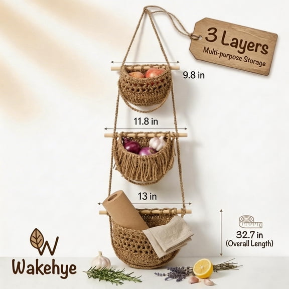 3 Tier Hanging Fruit Baskets for Kitchen, Wall Hanging Basket for Produce, Potato and Onion Organizer Boho Twine Wood Space Saver