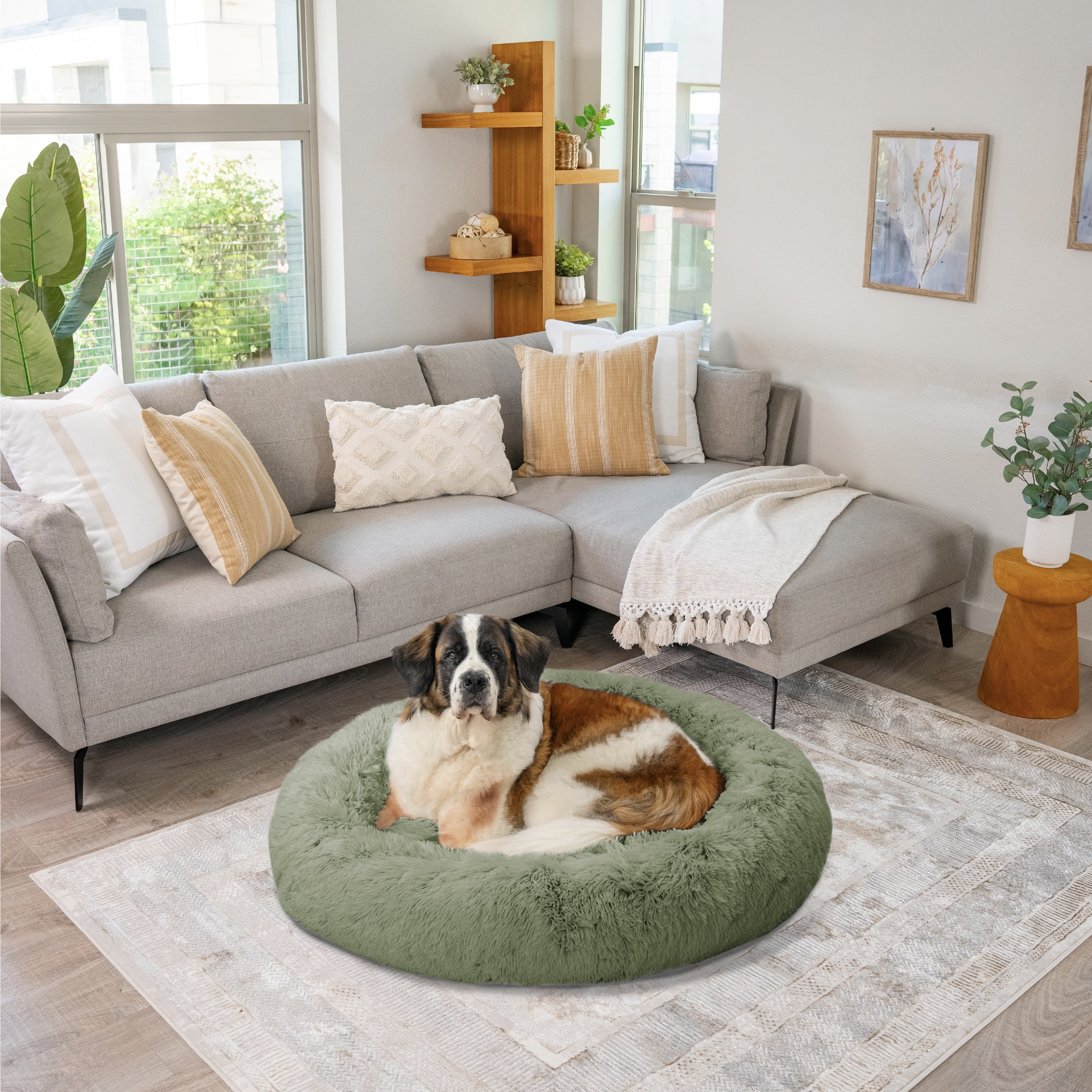 Best Friends by Sheri Original Calming Donut Dog and Cat Bed, Shag Faux Fur, Sage Green, XL (45in x 45in) - Anxiety Relief for Pets Up to 150 lbs