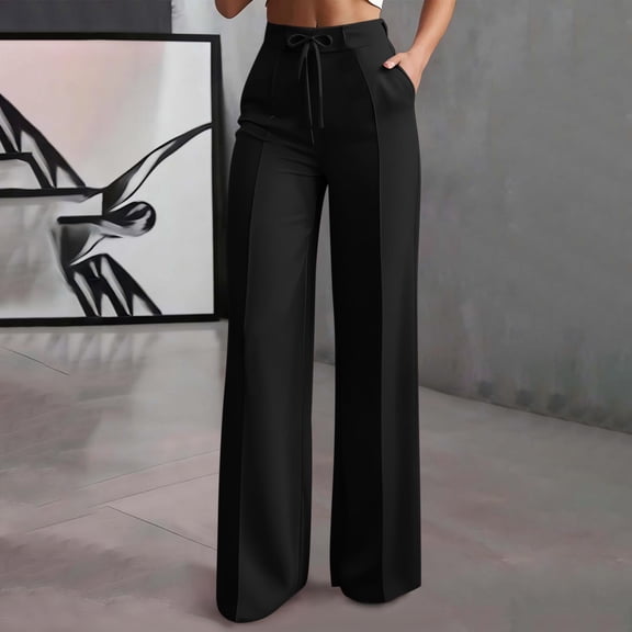 Zedker Wide Leg Pants for Women High Waisted Pants Solid Color Comfortable Pants Straight Leg Ankle Length Pant for Summer with Pockets Black L