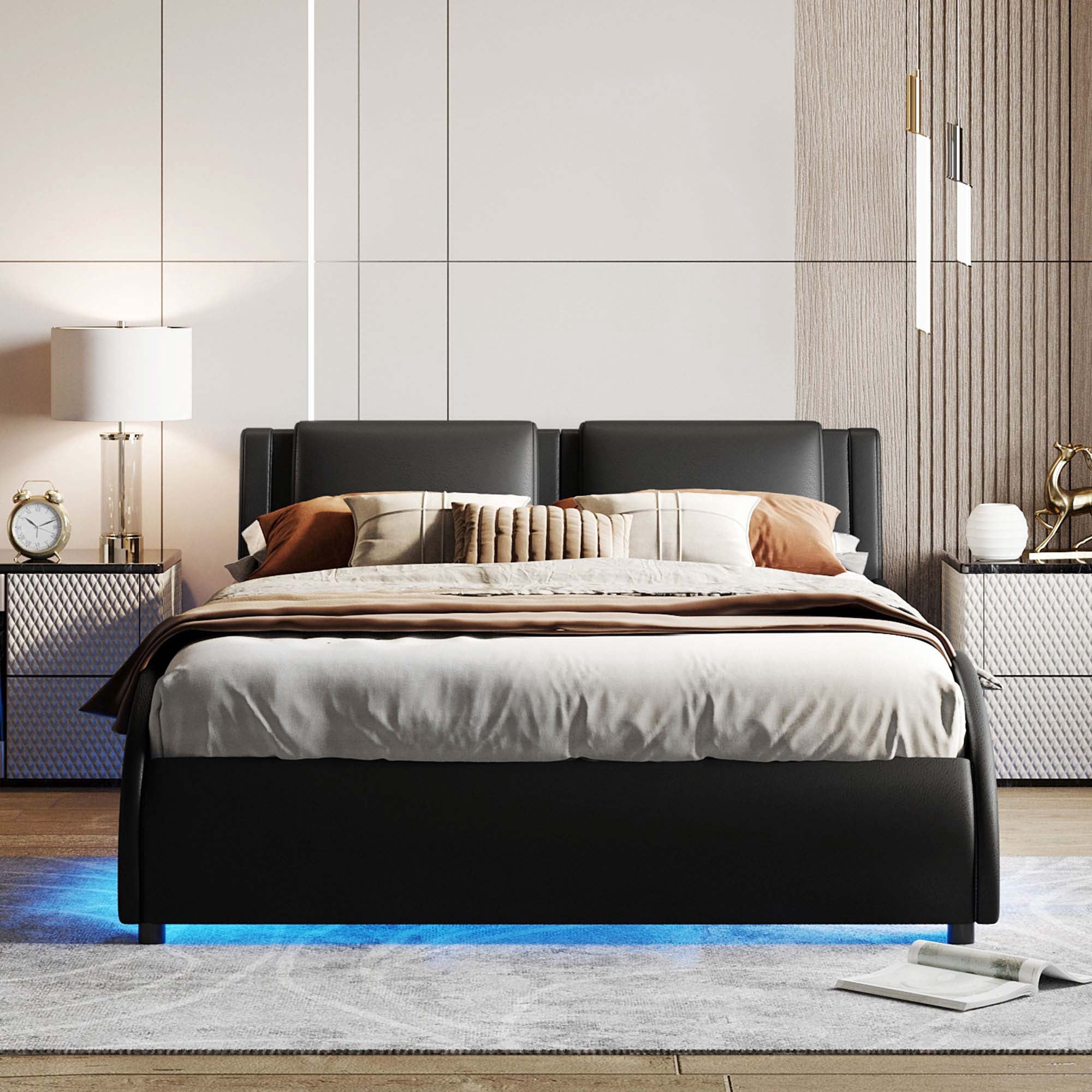 Aukfa Faux Leather Queen Upholstered LED Platform Bed Frame with Headboard, 16 LED Light Bed - Black