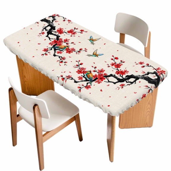 Red Spring Floral Table Cloths for 6 Foot Rectangle Tables, Birds Branches Watercolor Flowers Rustic Patio Waterproof Elastic Fitted Tablecloths, Washable Rectangular Table Cover for Camping