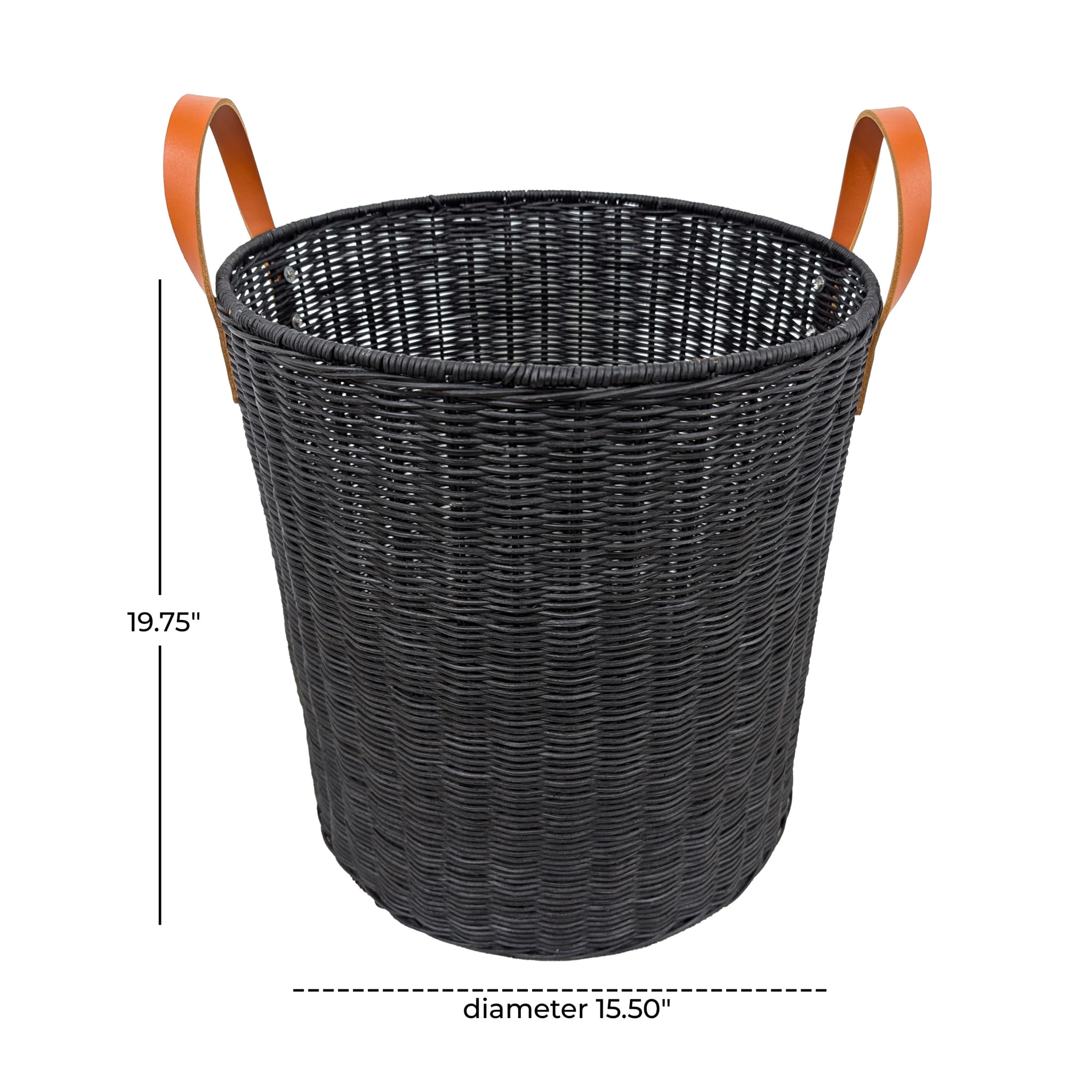 DecMode 16" x 20" Black Rattan Handmade Woven Storage Basket with Brown Leather Handles, 1-Piece
