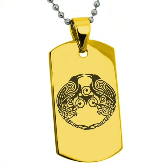Stainless Steel Yggdrasil Huginn & Muninn Odin's Ravens Engraved Dog Tag Pendant Necklace