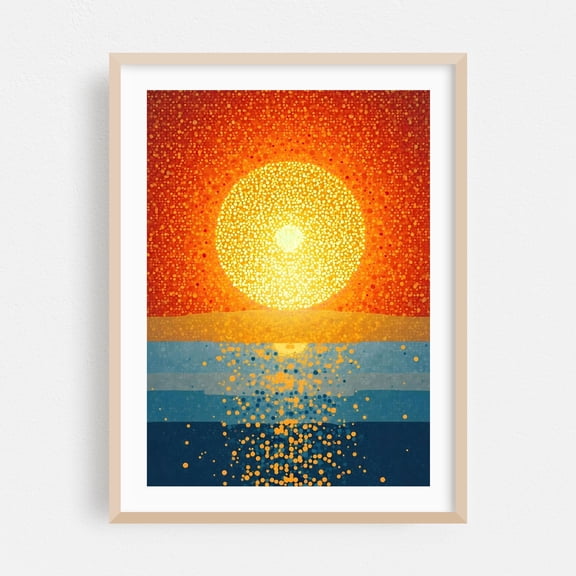 Sunset Over Water - Painting Oak Framed Wall Art Print 12 x 18 inches