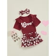 thumbnail image 3 of Suealasg Infant Newborn Girl Valentine's Day Outfits Letter Print Short Sleeve Ribbed Knit Rompers Heart Print Skorts Headband Baby Girls 3Pcs Clothes Set, 3 of 8