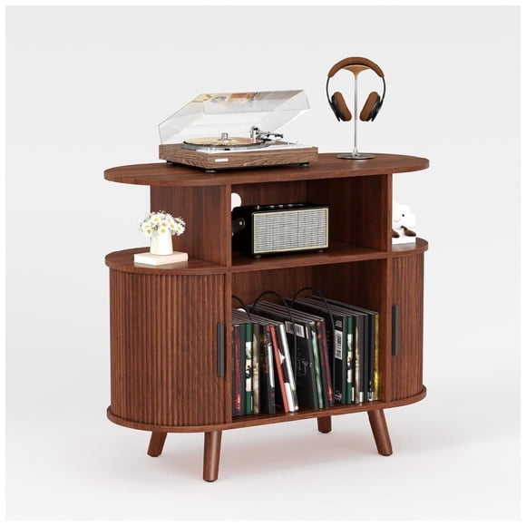 Bingirl Vinyl Record Storage Cabinet: Mid-Century Modern Record Player Stand with Round Wooden Turntable, Charging Station, and Open Shelves - Suitable for Bedroom and Living Room (Walnut Finish)