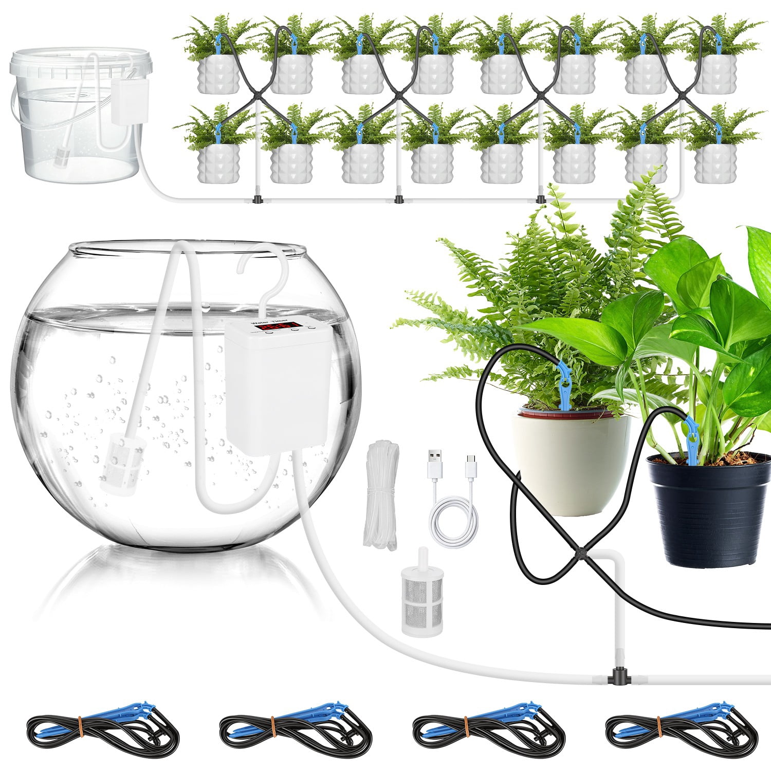 Smart Auto Plant Watering Device Low Noise 4W Efficient Drip Irrigation Kit with Low Water & Low Battery Alarm, 16 Drip Arrows for Indoor Balcony Greenhouse