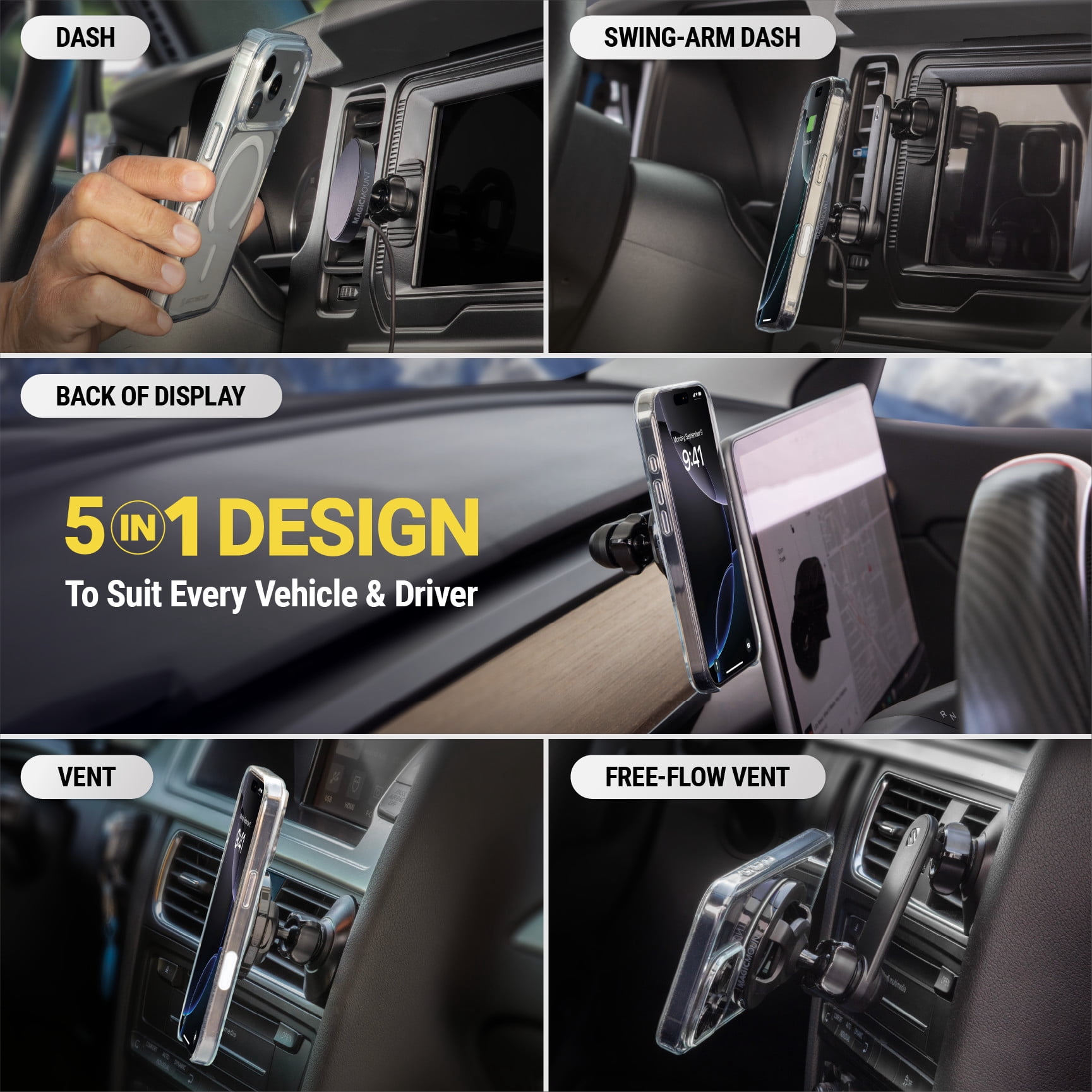 Scosche MPQTRODVR-SP Qi2 25W MagSafe Vent/Dash/Swing Arm/Back-of-Display Wireless Charging Mount