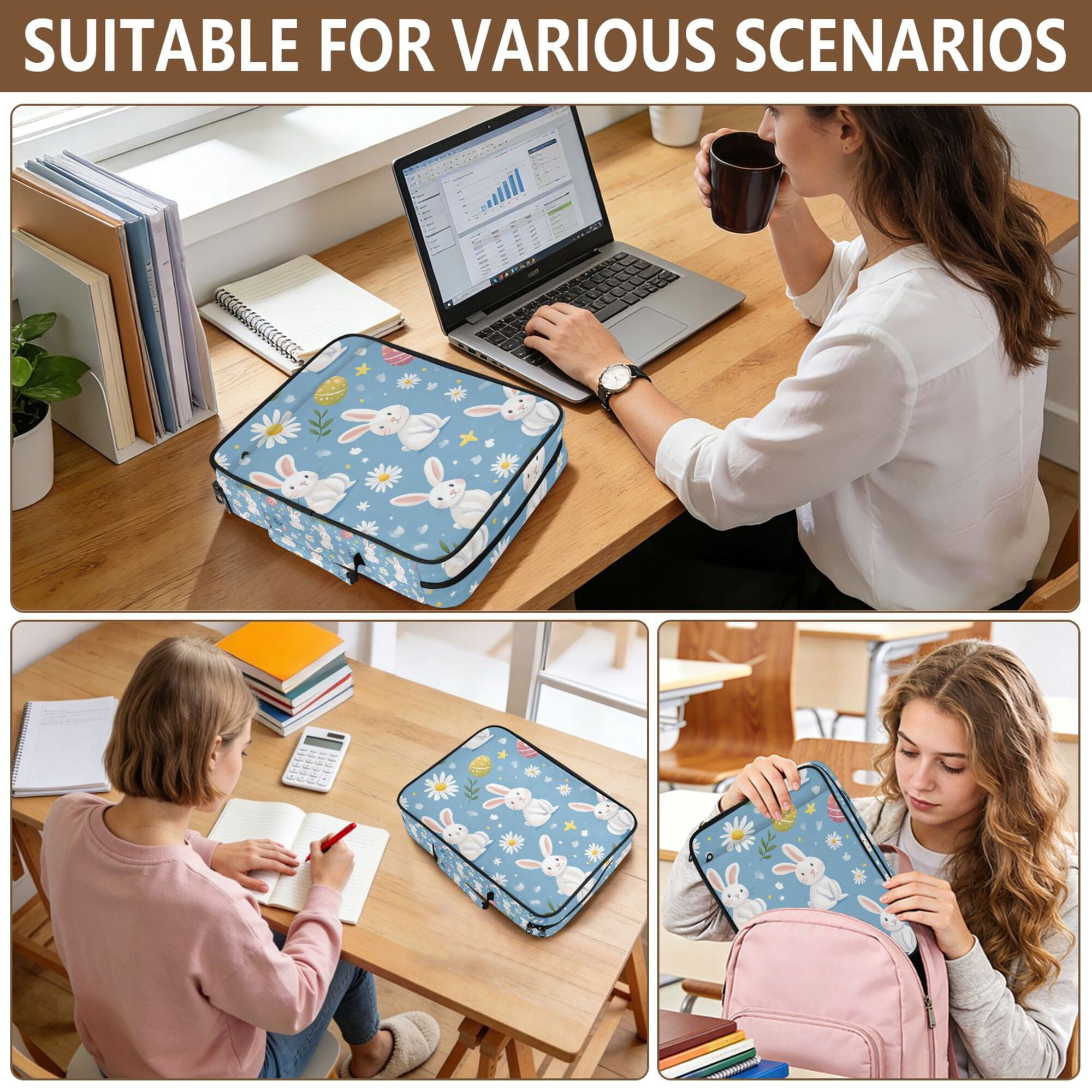FORMRS Accordion File Folder A4 Size 7-Pocket Expanding Document Organizer Bag with 3 Ring Binder, Cartoon Easter Bunnies