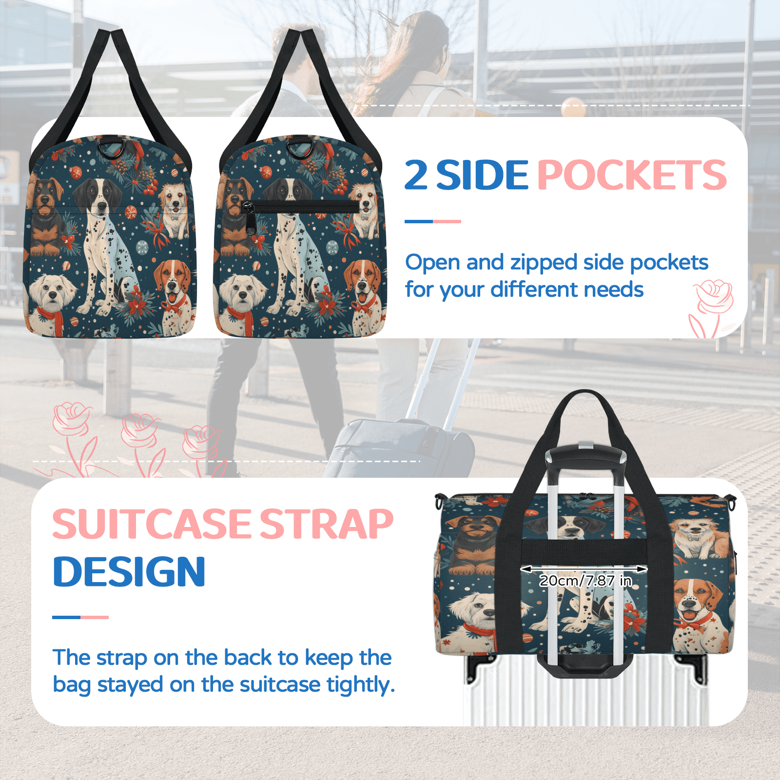 Herdesigns Funny Dog Christmas Gym Bag for Women, Duffle Bag for Travel Sport, Lightweight Waterproof Carry on Weekender Overnight Dance Yoga Workout Bags