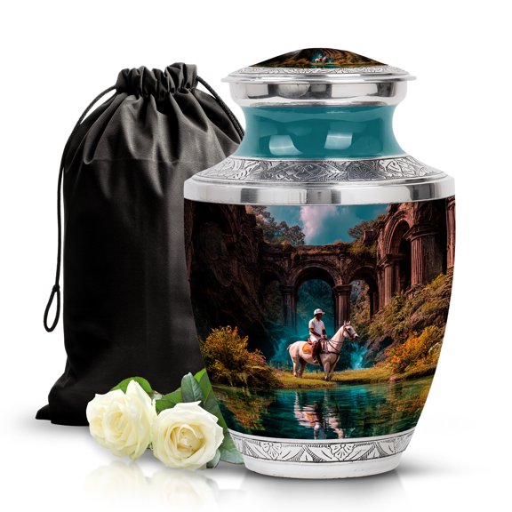 SABURIAL Horse Polo Urn - Human Remains Urn - Memorial Ashes For Adult - 10 Inch - Large With Velvet Bag - Decorative Urns - Large Cremation For Adult Men & Women - Burial Urns For Human