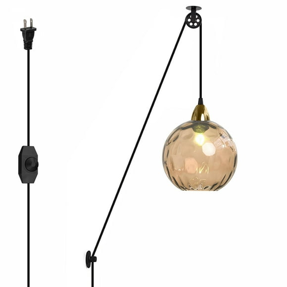 FSLiving No Wiring Needed Pendant Lighting Swag with Industrial Pulley Design, 15ft Plug-in Dimmer Cord with Wheel Ceiling Light Hallway, Amber Hammered Glass Shade for Sloped and Vaulted Ceiling