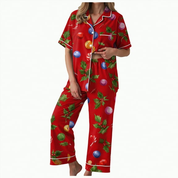 Drie Christmas Pj Pants Cute Christmas Pajamas For Women Print Short Sleeve Button Down Tops And Pants Soft Satin Cozy Holiday Nights Homewear Pajama Red,L