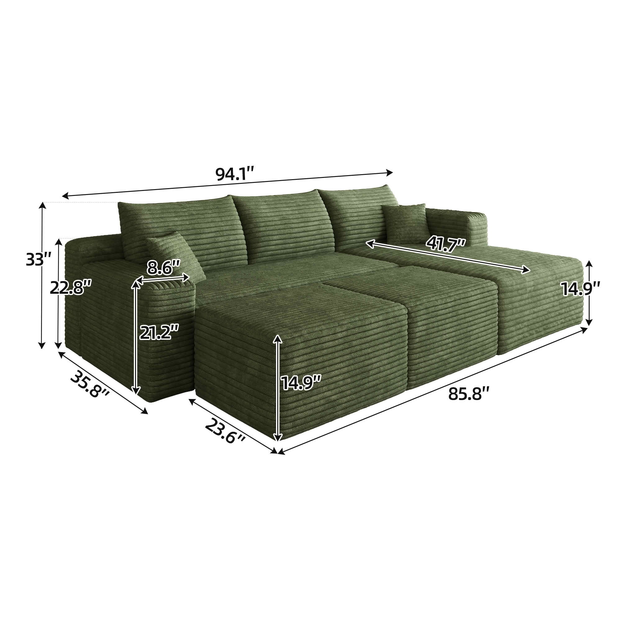 MAYEERTY 95 Inch U‑Shaped Cloud Sectional Sofa with 2 Ottomans, Modern Deep‑Seat Corner Couch, Plush Corduroy Reversible Sofa, No‑Assembly for Living Room Bedroom Apartment