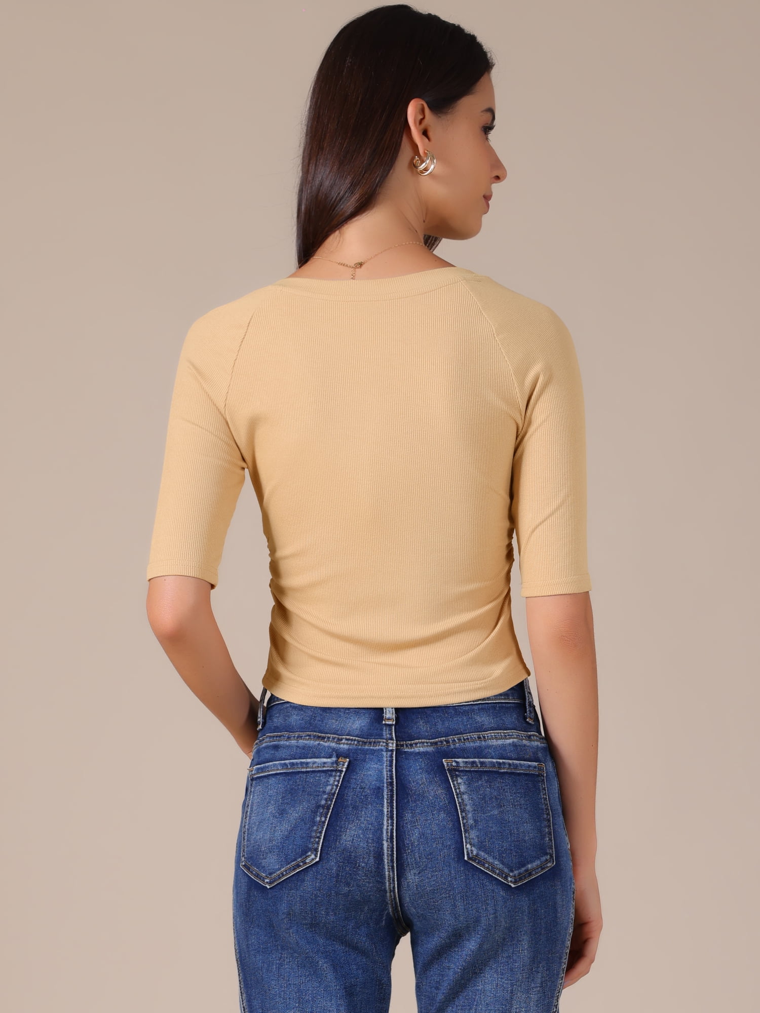 DARING DIVA Women's V Neck Short Sleeve Stretchy Lightweight Casual T-Shirt S Apricot