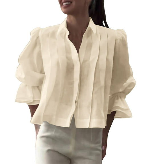 Breezora Womens Puff Sleeve Blouse Relaxed Fit Button Down Top Breathable Linen Blend Shirt with Elegant Lapel Collar Design L Size Beige