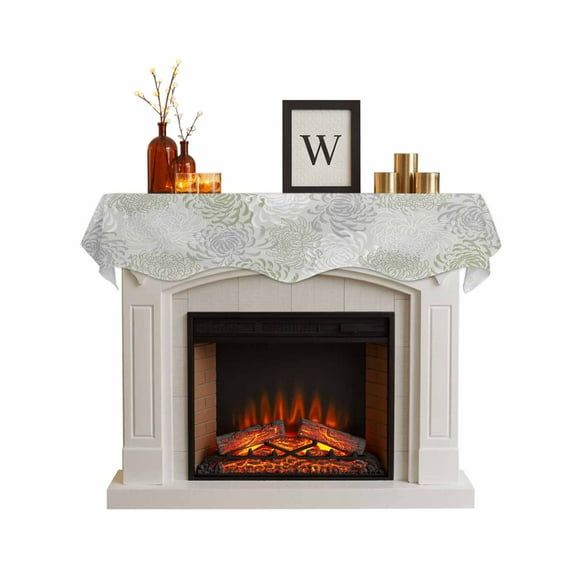 Sage Green White Fireplace Mantle Scarf, Abstract Grey Chrysanthemum Flower Mantel Cover Table Runner for Home Living Room Door Window, Indoor Outdoor Holiday Party Decor 17" x 70"