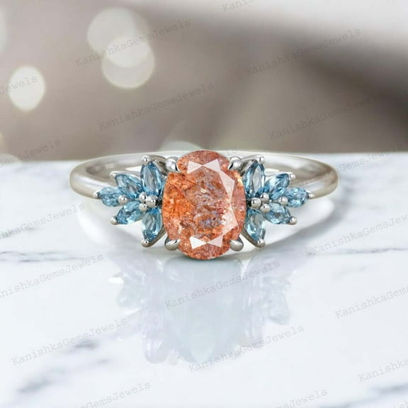 KANISHKAGEMS&JEWELS 8x6MM / 1.5Ct Natural Sunstone Engagement Ring Aquamarine Cluster Bridal Wedding Jewelry Orange Gemstone Gold Ring Anniversary Gift For Wife