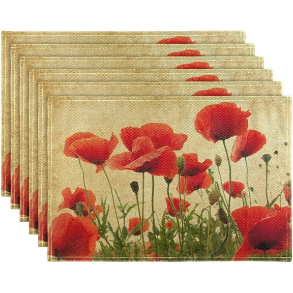 Red Poppy Floral Placemats Set of 6,Vintage Flowers Dining Table Mats,Non-Slip Washable Place Mats Farmhouse Kitchen Table Placemats for Indoor Outdoor Party Wedding Decoration,12x18 inch