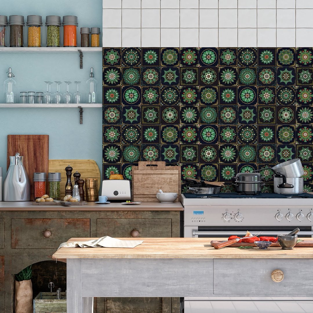 24 Pcs Peel and Stick Tile Sticker Backsplash 7.87" x 7.87" Black Green Vinyl Wall Stickers Self Adhesive Waterproof DIY Decor Kitchen Decals