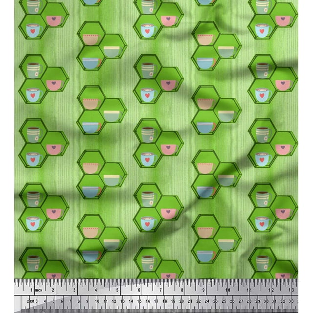 Soimoi Green polyester Crepe Fabric Honeycomb,Coffee & Tea Cup Beverages Print Sewing Fabric Yard 52 Inch Wide