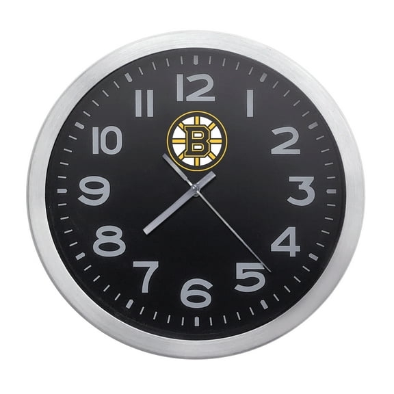 Wall Clock Home Decor or for a Patio/RV/Game Room 10" Round Silver Edge with a Black Face Featuring Your Choice of a Sports Theme Team Logo Vinyl Decal - FREE Battery Included (Bruins)