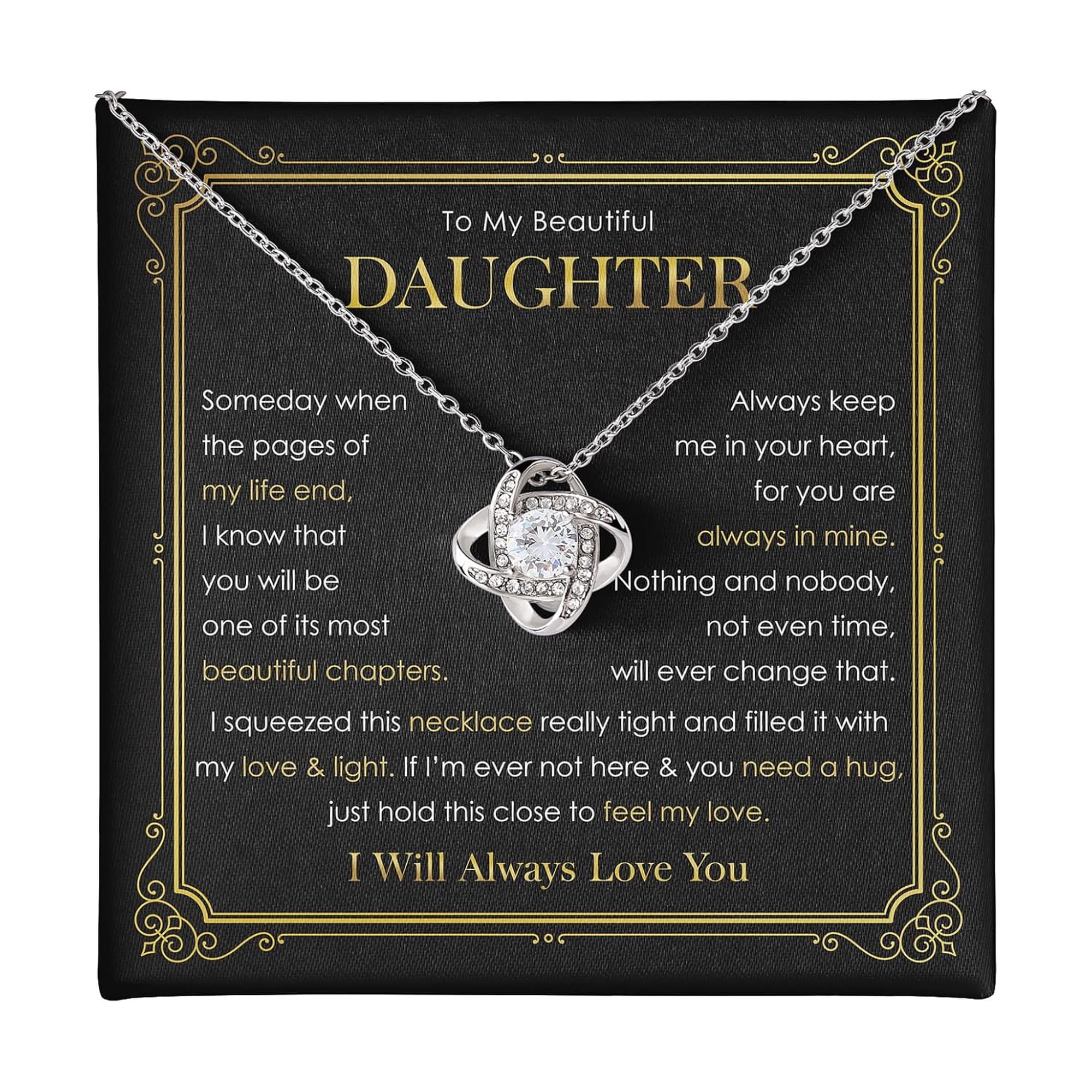 To My Daughter Love Knot Necklace From Dad And Mother With Heartfelt Message Card & Elegant A Meaningful Jewelry Of Love, Graduation, Birthday, Wedding, #710, White Love Knot Necklace