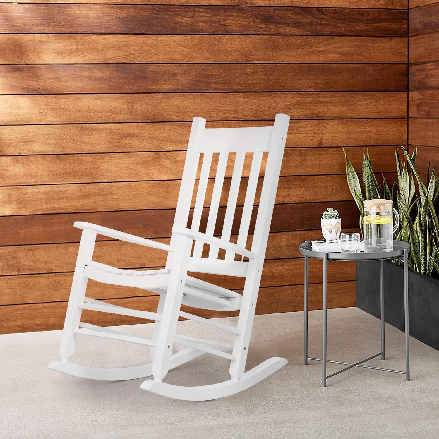 NiamVelo Outdoor Solid Hardwood Porch Rocking Chair 243 lbs Capacity for Home Garden, White