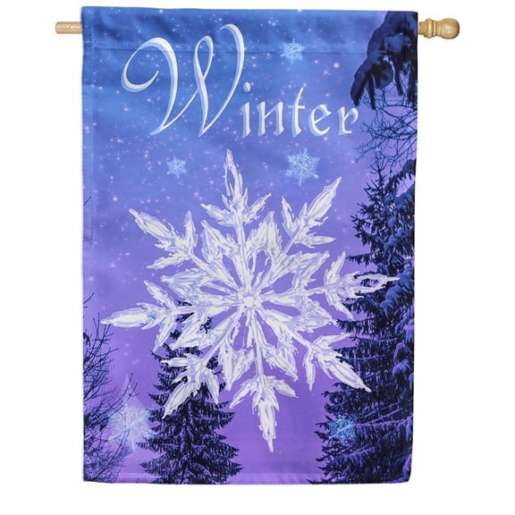 America Forever Crystal Snowflake Winter House Flag, 28 x 40 inch Double Sided, Icy Snowflake Night Scene, Winter Holiday Banner, Outdoor Yard Decor, Cold Weather Seasonal