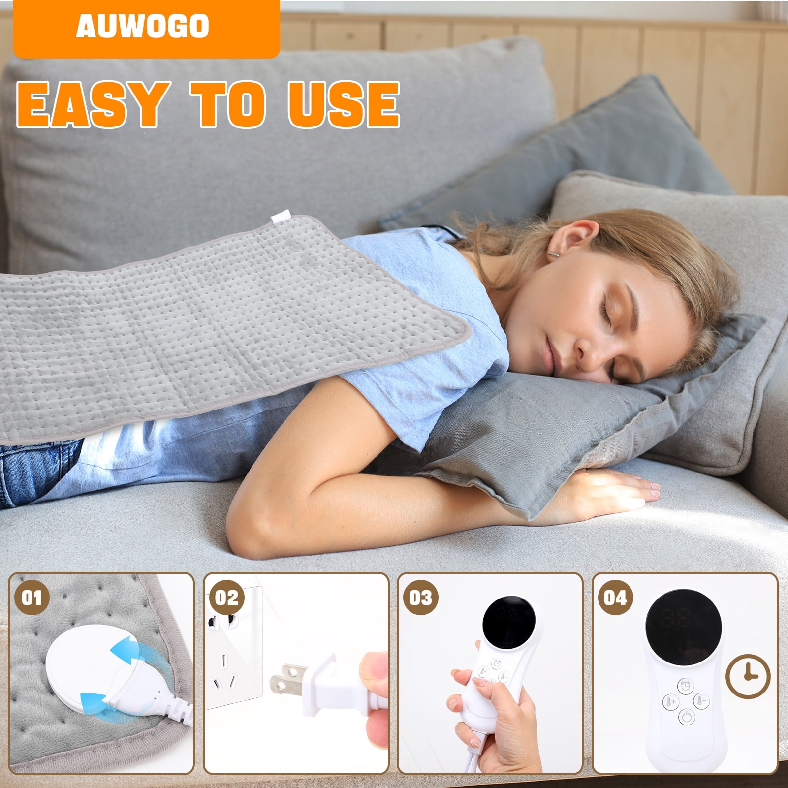 17x33in Heating Blanket  for Back Shoulders, , Fast-Heating, Soft Machine Wash Fabric with 9 Heat Settings, Auto Shut Off, Gray